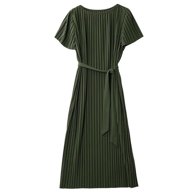 Description Picture 3 of item2023 Summer New Fashion Pleated Round Neck Spliced Slim Fit Dress Mid length Pleated dress vestidos Slim