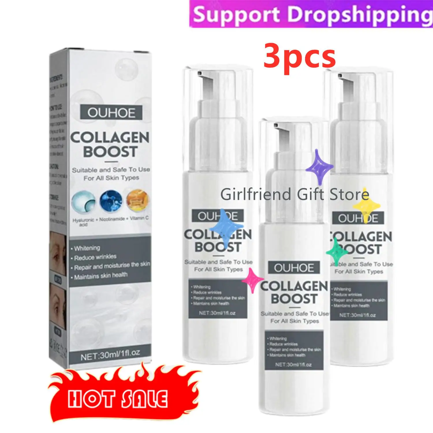 3pcs Collagen Boost Serum Anti-Aging Dark Spot Corrector Wrinkle Cream Face Skin Care For Women And Men 30ml