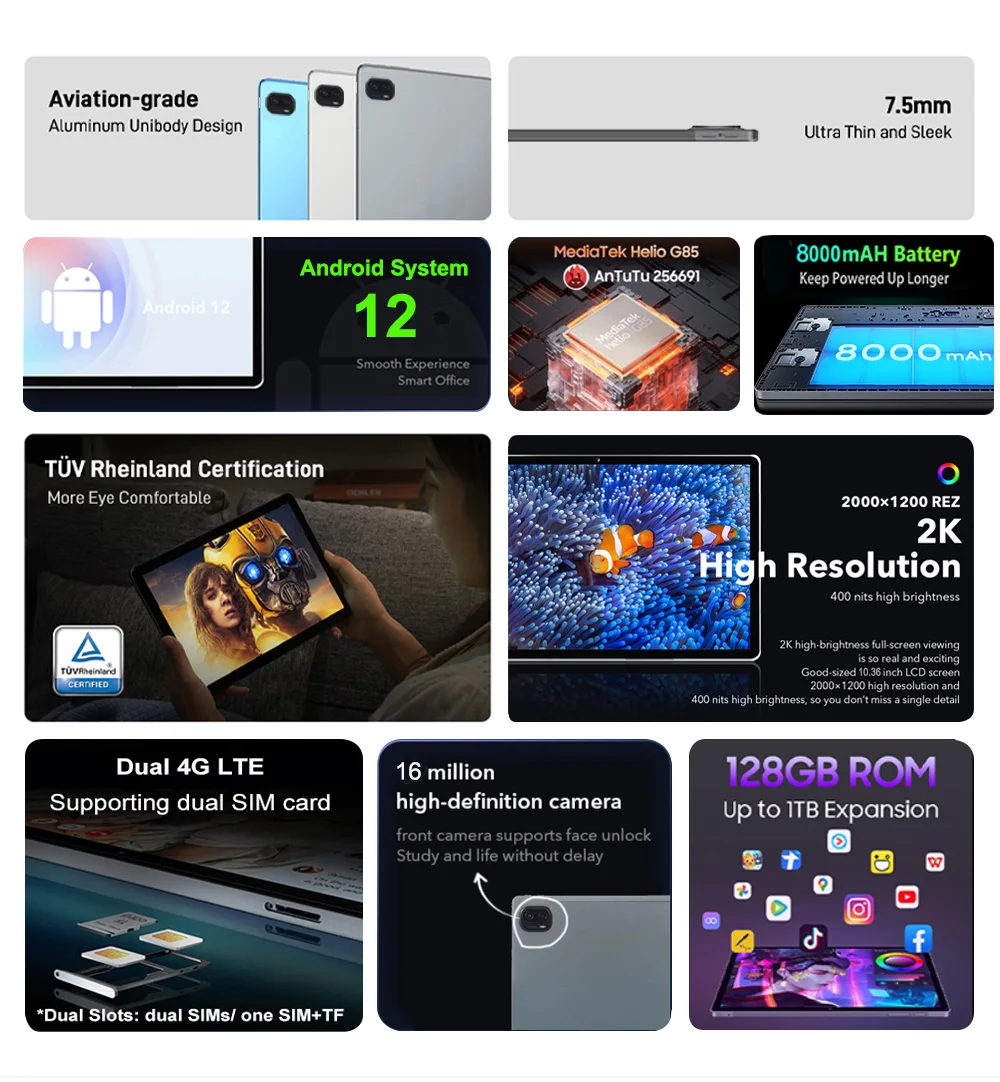 Description Picture 4 of item2023 New Nenmone Tab10 2000*1200 Display 10.36 Inch 4G Tablet Android 12 Octa Core Laptop 2 In 1 Kids Gift 13MP Camera 8000mAH