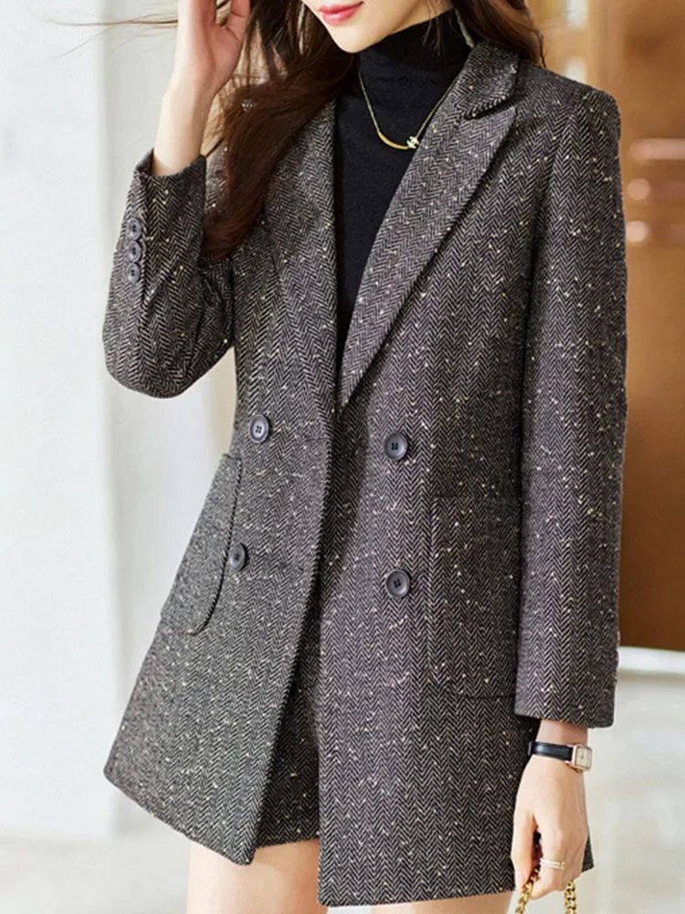 Description Picture 5 of itemCasual Short Sets for Women Long Sleeve Streetwear Vintage Two Piece Plaid Pockets Slim 2023 New Autumn Winter Sets Coats