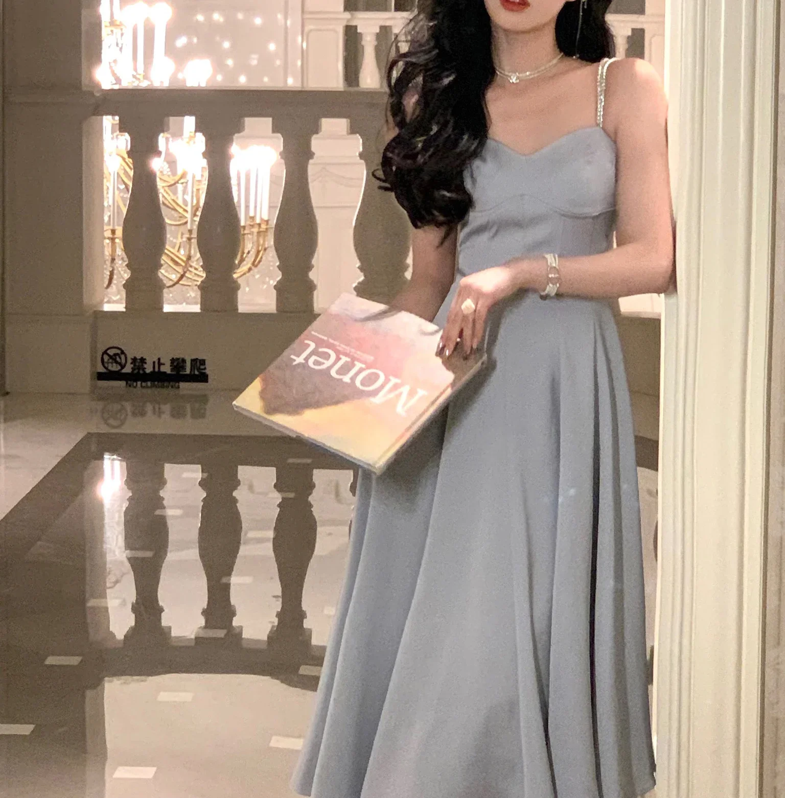 Description Picture 6 of itemNew Vintage Elegant Midi Dress for Women Sleeveless Fashion Solid Satin Spaghetti Strap Party Evening Dress Summer 2023