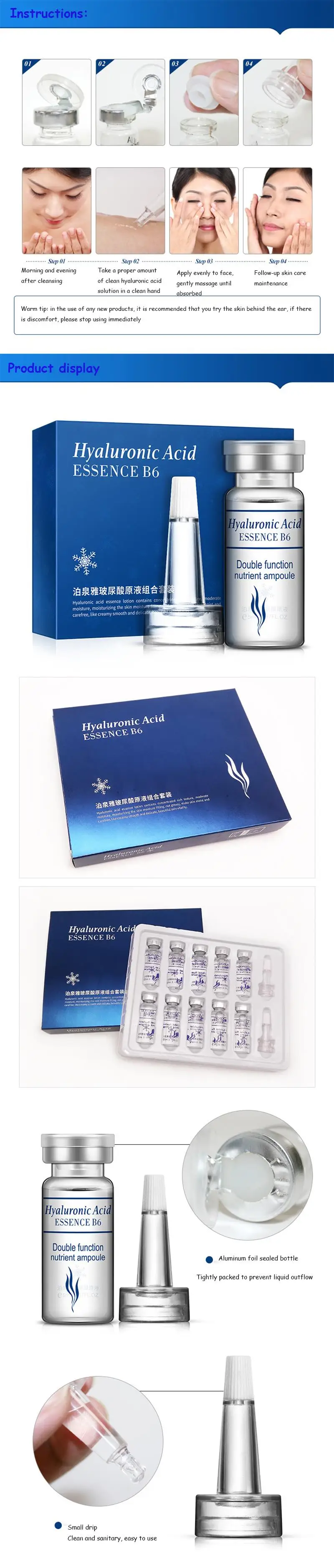 Description Picture 5 of itemBIOAQUA Hyaluronic Acid Extract Hydrating Moisturizing Shrink Hair Firming Facial Essence 10PCS/Set