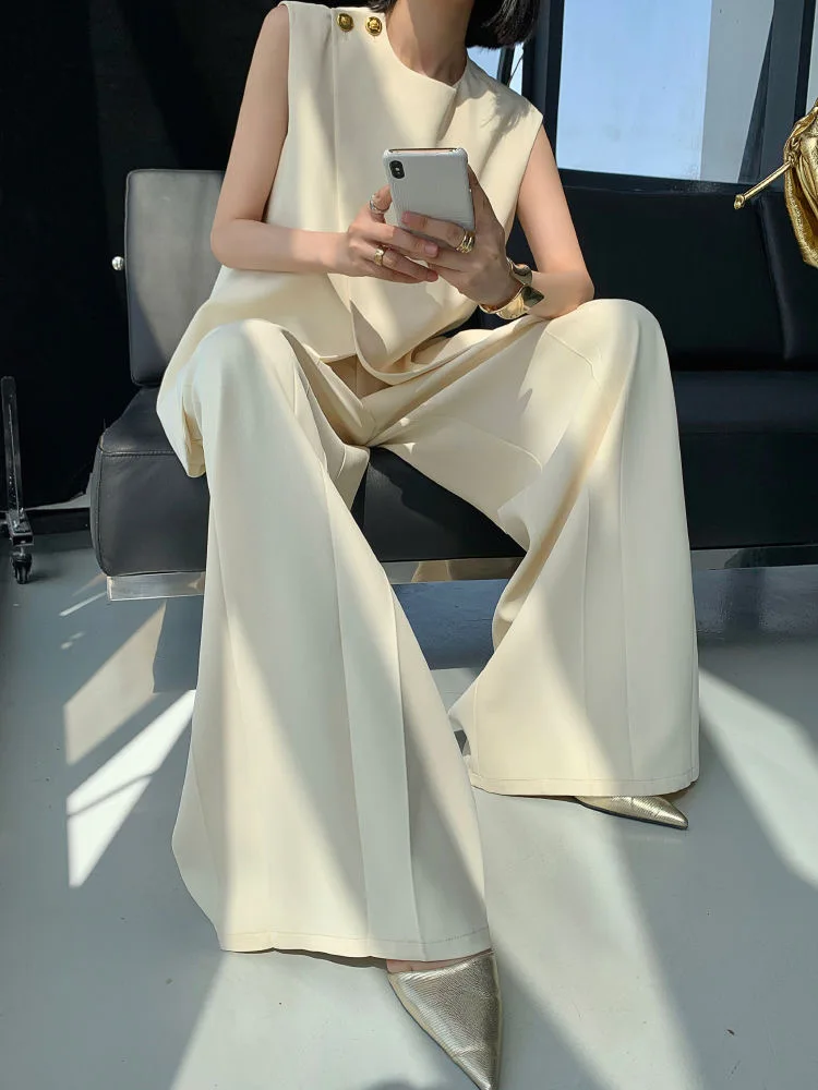 Description Picture 4 of itemWomen Two Piece Set Summer Fashion Solid Tank Top Sleeveless Long Loose Wide Legs Pants Elegant Suits High Streetwear