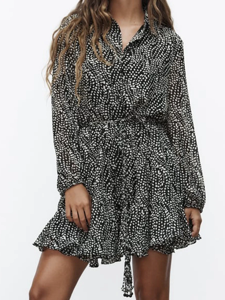 Dot Printed Lace-up Mini Dress 2024 Spring Casual Chic Long Sleeve Lapel Collar Shirt Dresses Women Elegant Fashion Vestidos