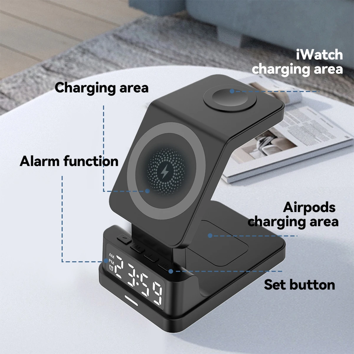 Description Picture 4 of itemThe new 15W 3-in-1 magnetic wireless Apple Watch AirPods LED digital alarm charging stand is suitable for iPhone15 14 13 12