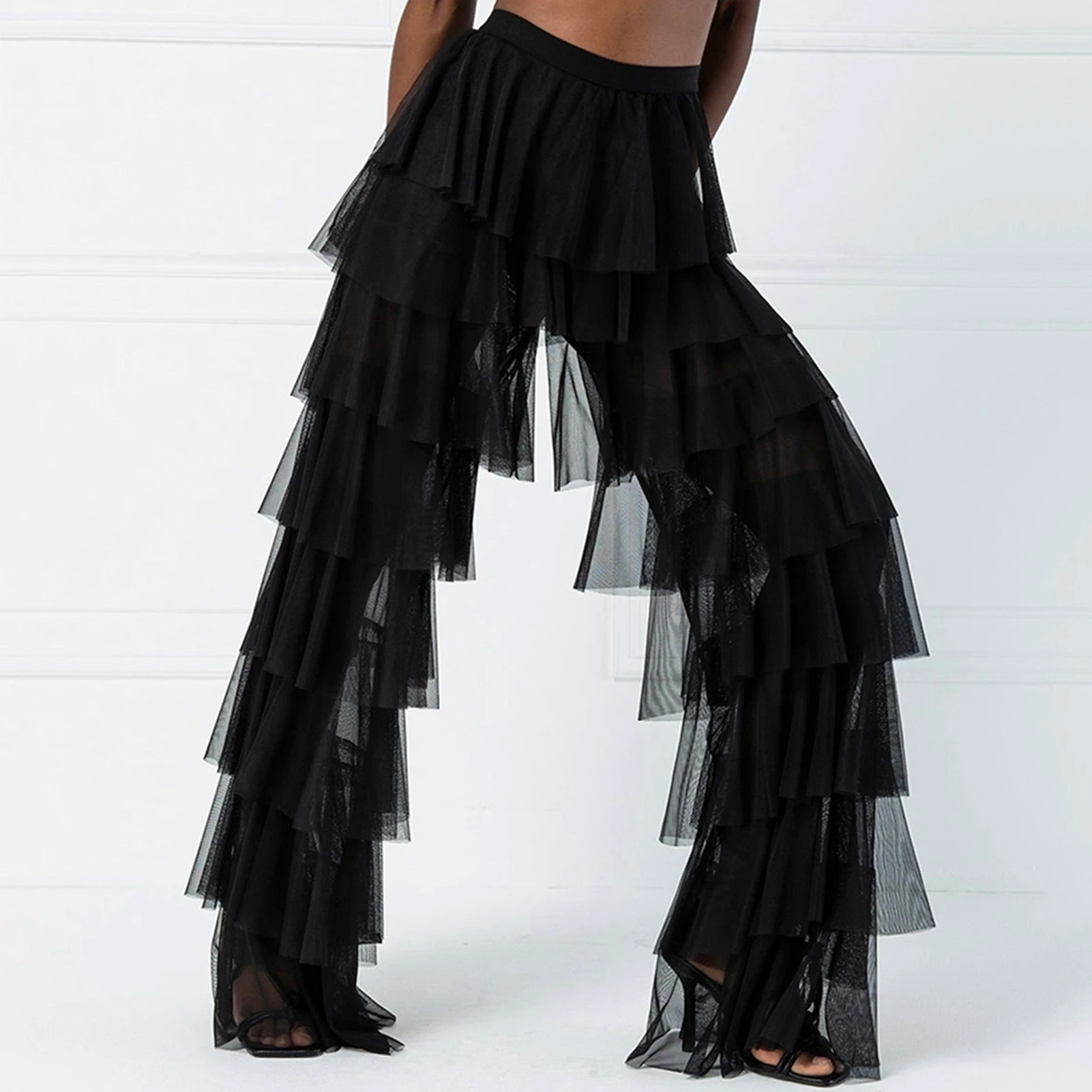 Description Picture 3 of itemRuffle Yarn Tulle Pants Solid Color Women Wide Leg Trousers High Waist Flare Trousers Multi Layer Spicy Girl Streetwear Suit