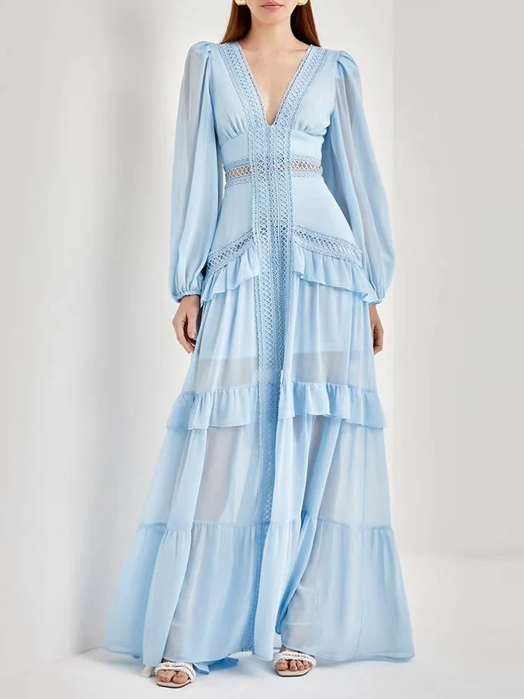 Solid Cut Out Dresses For Women Deep V Neck Long Sleeve High Waist Patchwork Ruffles Sheer Split Thigh Elegant Dress Female