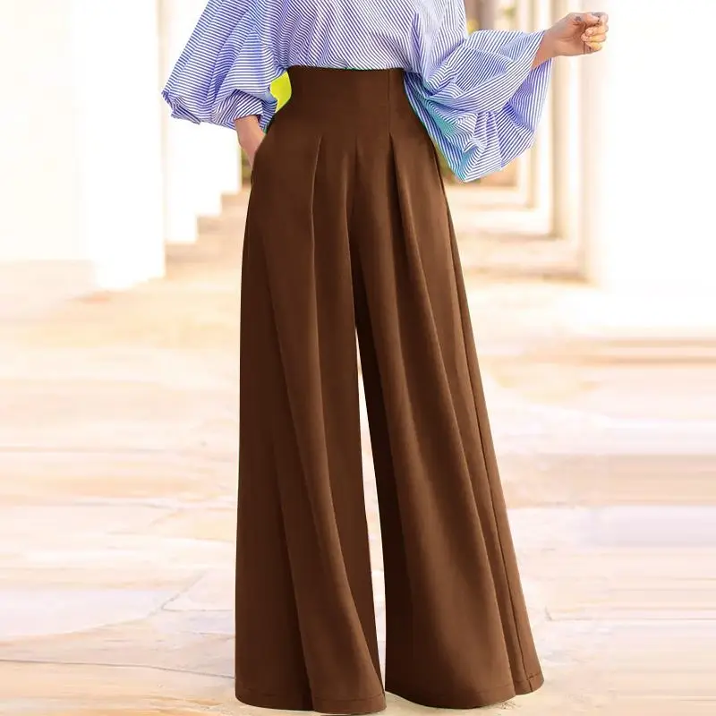 ZANZEA High Waist Fashion Trousers Loose Women Solid Color Pocket Wide Leg Pants Inverted Pleats Streetwear 2023 Summer Pantalon