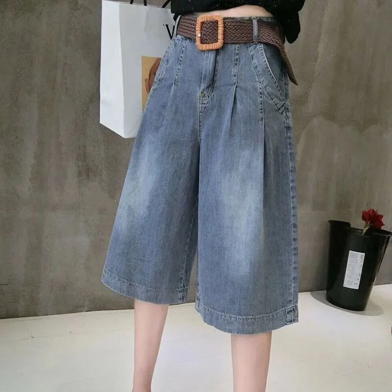 Description Picture 6 of itemSummer Blue Women's Midi Jean Pants Fashion with Pockets Belt Knee Length Pants Woman Korean High Waist Loose Straight Shorts