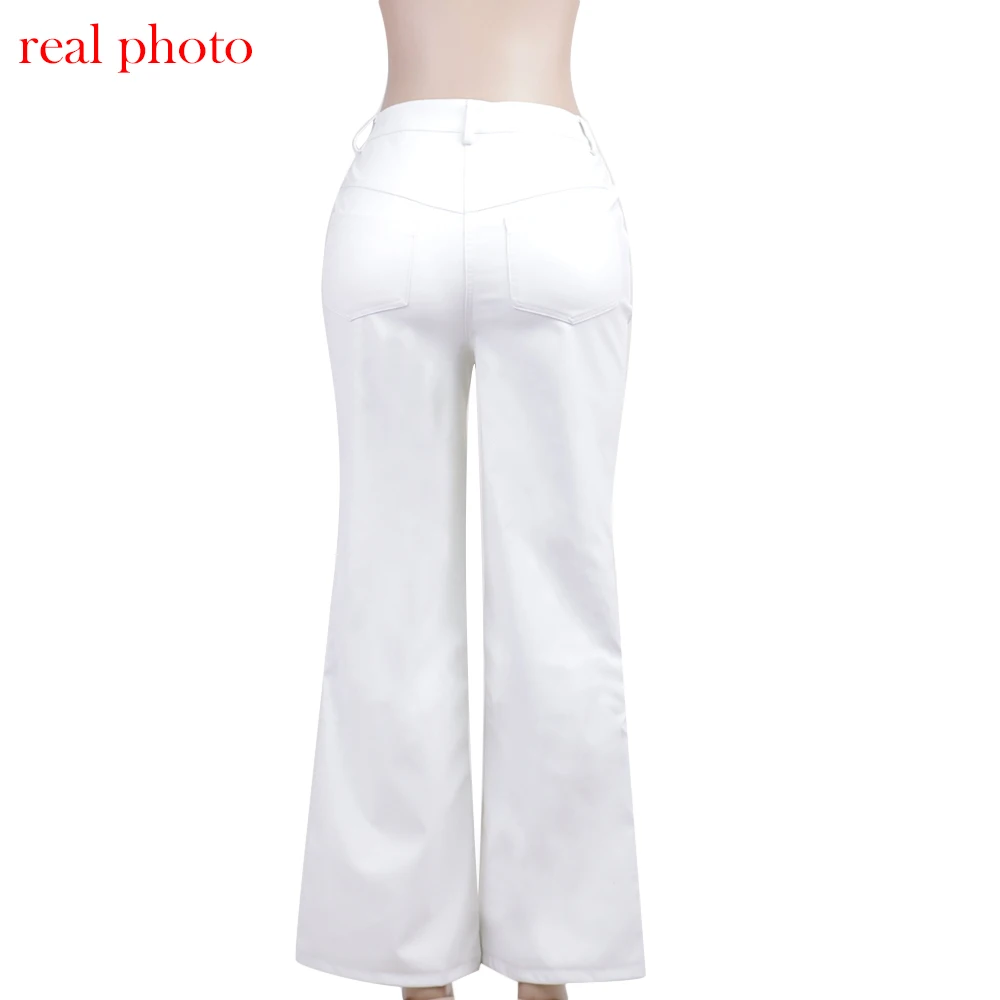 Description Picture 5 of itemCryptographic Fashion White PU Leather High Rise Pants Streetwear Casual Button Up Straight Leg Pants for Women Trousers Pants