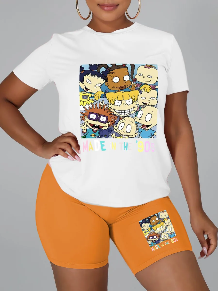 Description Picture 5 of itemHLJ Fashion Street Style Women Round Neck Short Sleeve Top And Biker Shorts Two Piece Sets Casual Pattern Pirnting 2pcs Outfits