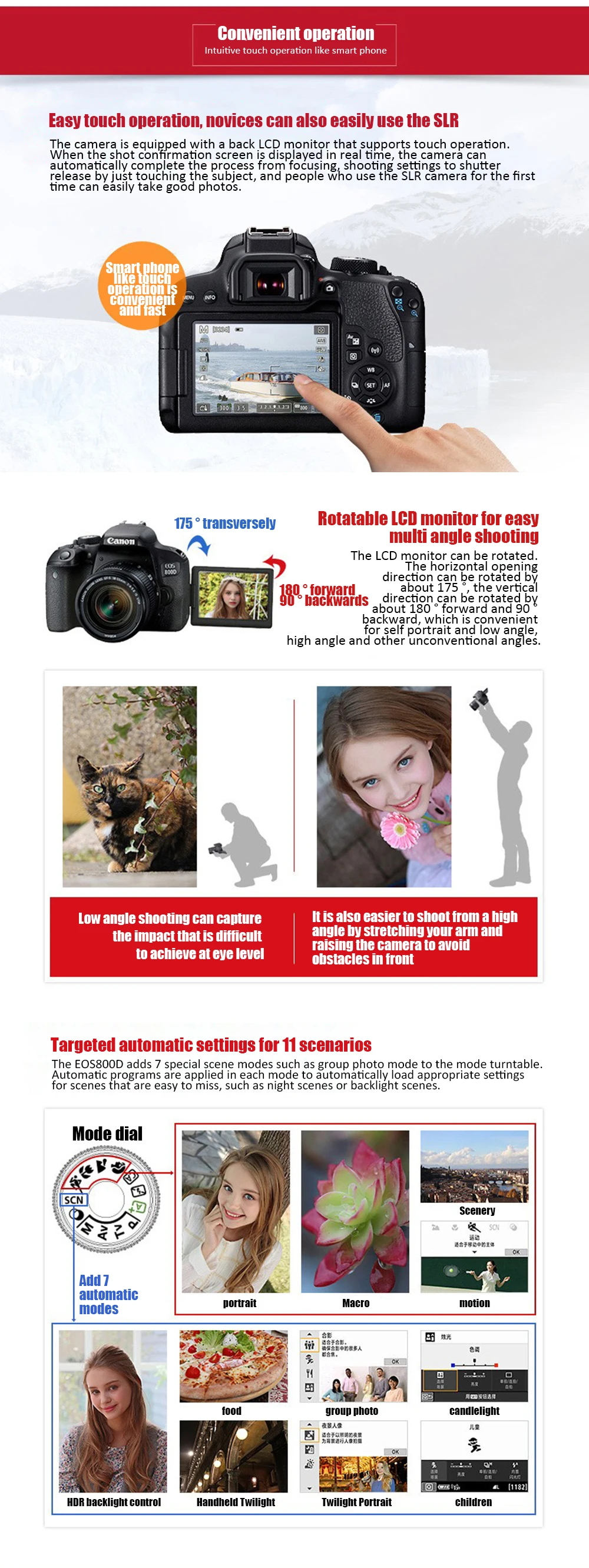 Iconic Brand EOS 800D APS-C frame DSLR camera 45 point focusing system, full pixel dual core focusing, electronic five axis anti shake