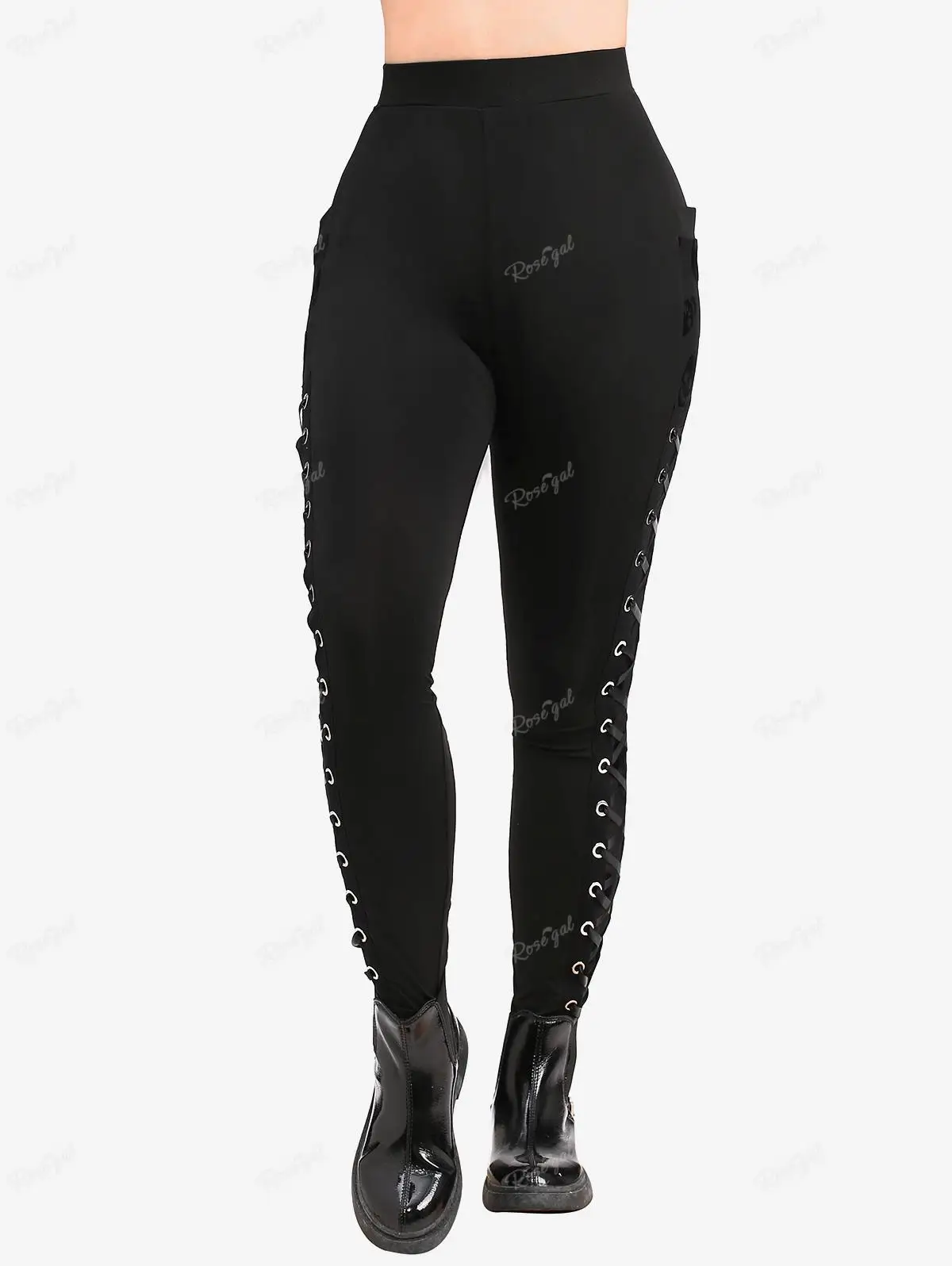 Description Picture 3 of itemROSEGAL Plus Size Skull Grommets Lace Up Leggings Women All Season Streetwear Casual Pencil Pants Black Skinny Trousers Mujer