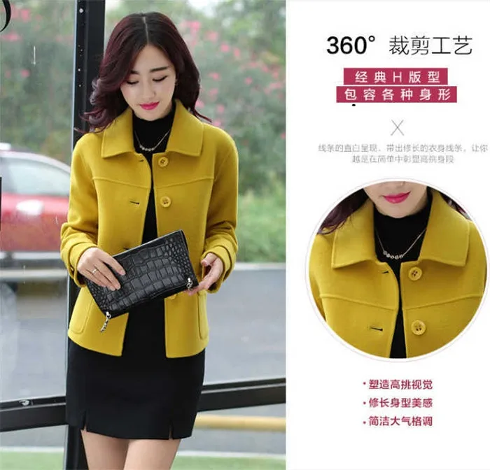 Description Picture 4 of itemBlended Woolen Coat Fashion Spring Autumn Women's Wool  Jacket Short Single-breasted Yellow Female Outwear Tops Mother Dress W25