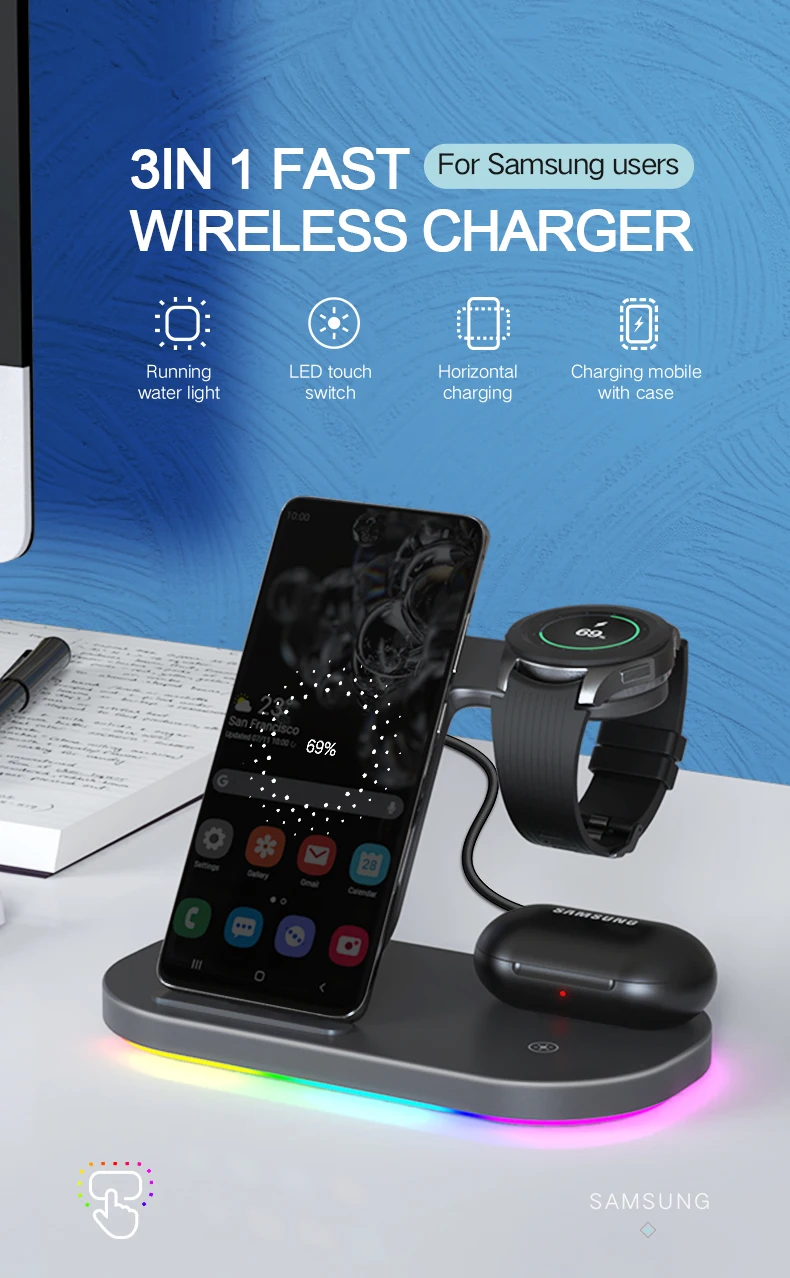 Description Picture 3 of item30W 3 In 1 RGB Light Wireless Charger Stand For Samsung Fold 4 3 S22 Galaxy Watch 5/4 Active 2/1 Buds Fast Charging Dock Station