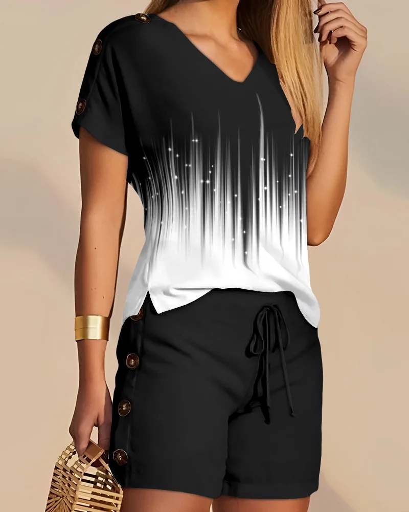 Description Picture 6 of itemSets Outifits 2023 New Leopard Print Colorblock Top & Drawstring Shorts Set Two Fashion Casual Pieces for Women Elegant Female