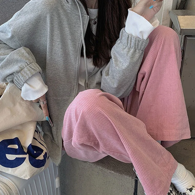 Vintage Corduroy Casual Streetwear Harajuku Wide Leg Pants for Women 2023 Spring Autumn Solid Loose High Waist Straight Trousers