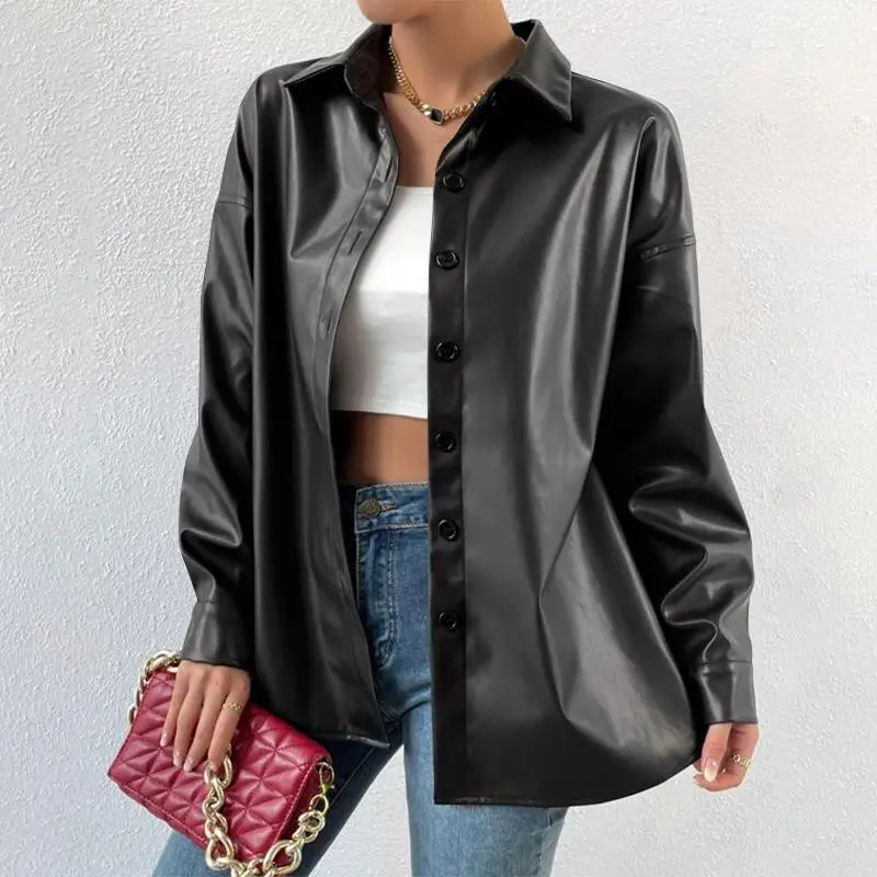 Description Picture 6 of item2023 Autumn Lapel Collar Coats ZANZEA Women Bomber Jackets Streetwear PU Leather Long Sleeve Blazer Oversized Buttons Outerwears
