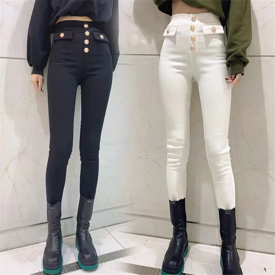 Description Picture 4 of itemHigh Waist Leggings Pants Women Casual Button Fly Design Pencil Pantalones Korean Streetwear Skinny Trousers Stretch Spodnie New