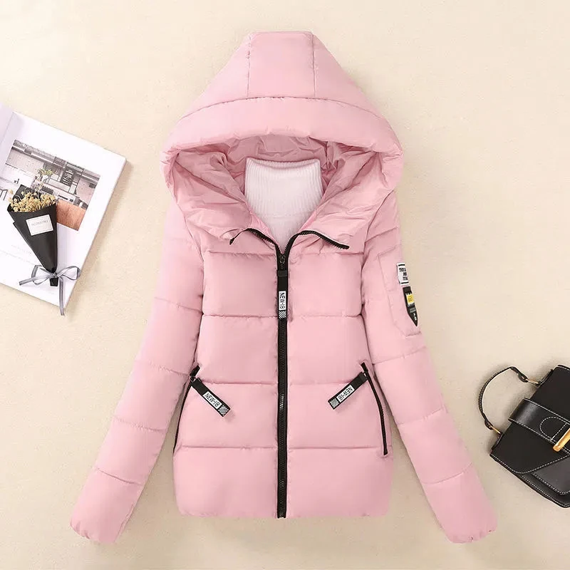 Description Picture 4 of itemJMPRS Slim Women Parkas Winter Thick Casual Hooded Fashion Letter Cotton Warm Short Jackets Korean Zipper White Ladies Coats