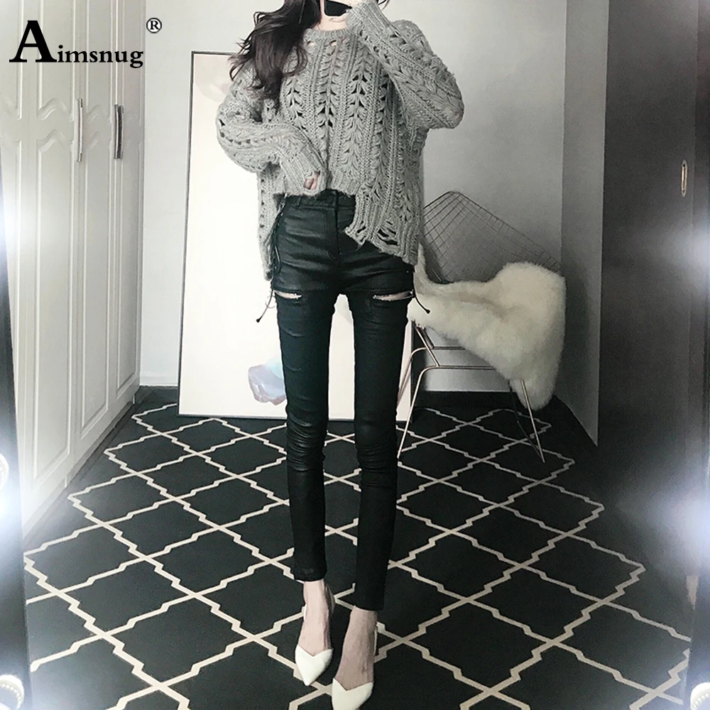 Description Picture 6 of itemAimsnug Black Faux PU Leather Pencil Pants Lace Up High Waist Slim Skinny Streetwear Autumn Casual Trousers Women 2020 Fashion