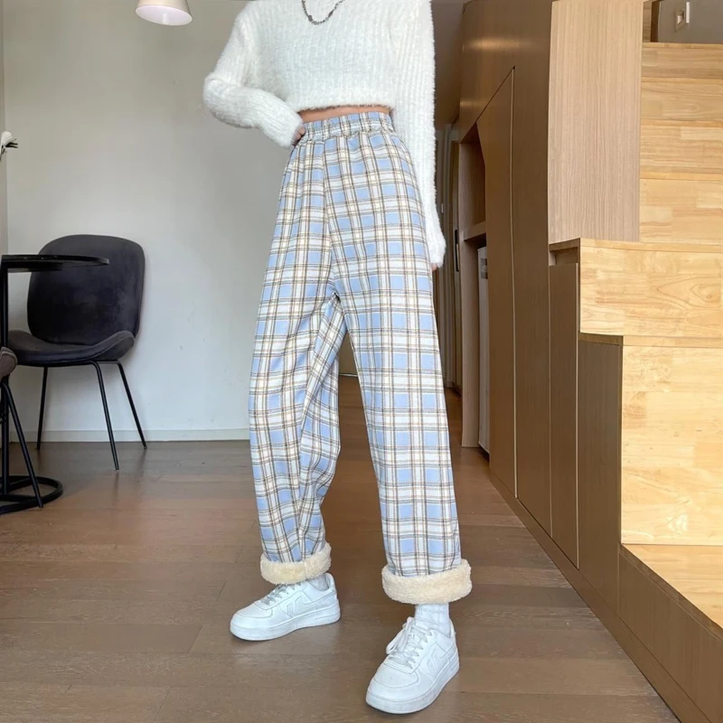 Description Picture 5 of itemMEXZT Fashion Warm Plush Pants Thick Plaid Women Winter Casual Loose Wide Leg Trousers Korean Streetwear Straight Student New