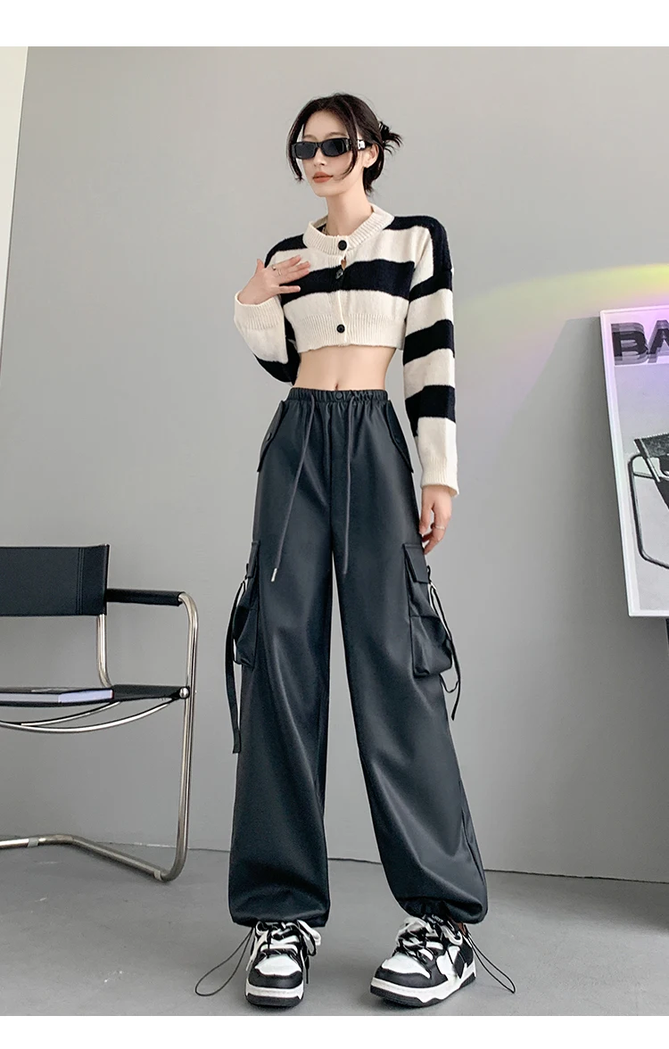 Description Picture 6 of itemLeather Cargo Pants Women 2023 Autumn New High Waisted Drawstring Pockets Wide Leg Pant Fashion Streetwear Loose Solid Trousers