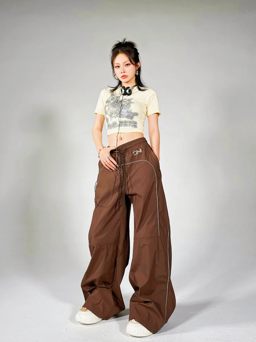 Description Picture 4 of itemY2K Vintage Brown Cargo Pants Women Streetwear Reflective Gray Track Trousers Oversized Gorpcore Wide Leg Black Sweatpants