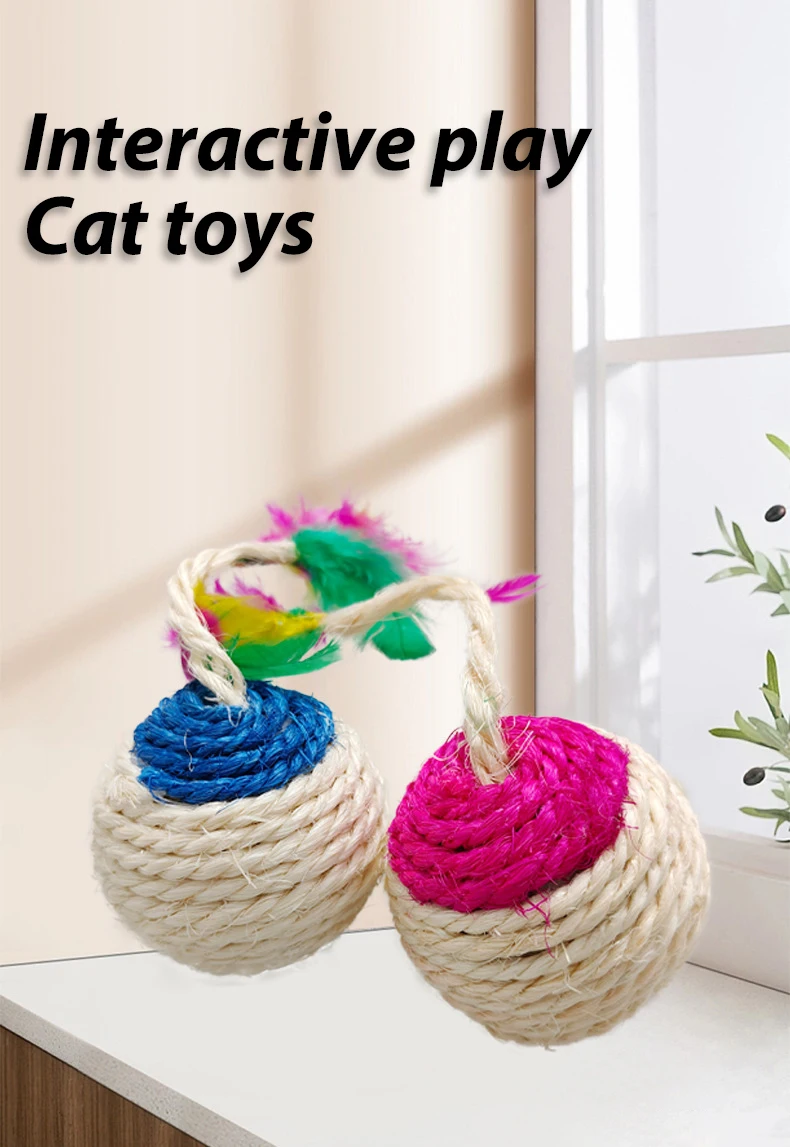 Description Picture 3 of item1 Pc Random Color Sisal Interactive Ball Cat Toy Pet Supplies Feather Cat Training Catcher Cat Accessories Random Color Toy Ball