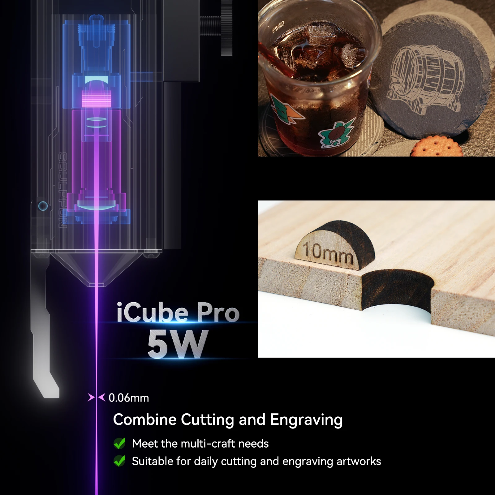 Description Picture 3 of itemSCULPFUN iCube Pro 5W Laser Engraver Portable DIY Printer Logo Mark Printer Cutter Home Desktop Mini Laser Engraving Machines