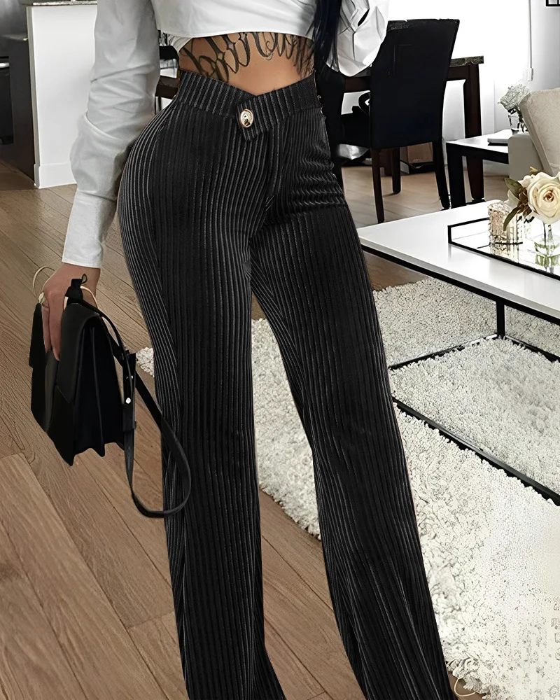 Description Picture 5 of itemCM.YAYA Women Streetwear Corduroy Zipper Fly V-low Waist Straight Wide Leg Trousers 2023 Autumn Winter Fashion Pants