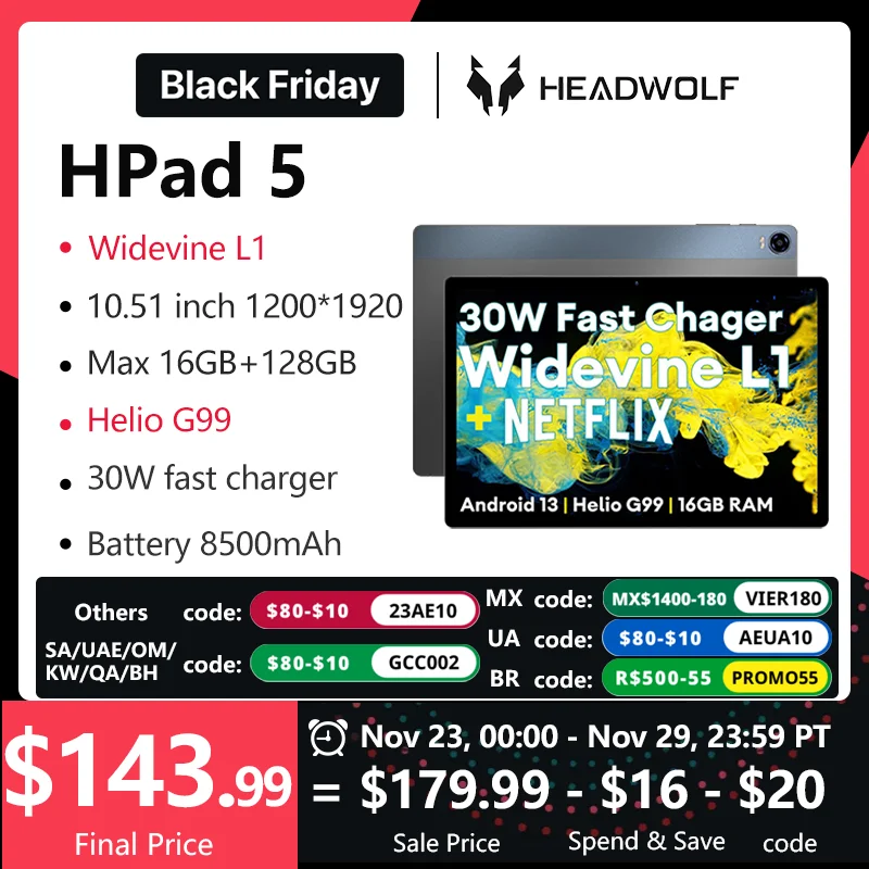 Headwolf HPad 5 Android 13 Tablet 10.5 inch Max 16GB RAM 128GB ROM Phone Tablet PC Widevine L1 Battery 8500 mAh Camera 8MP+20MP