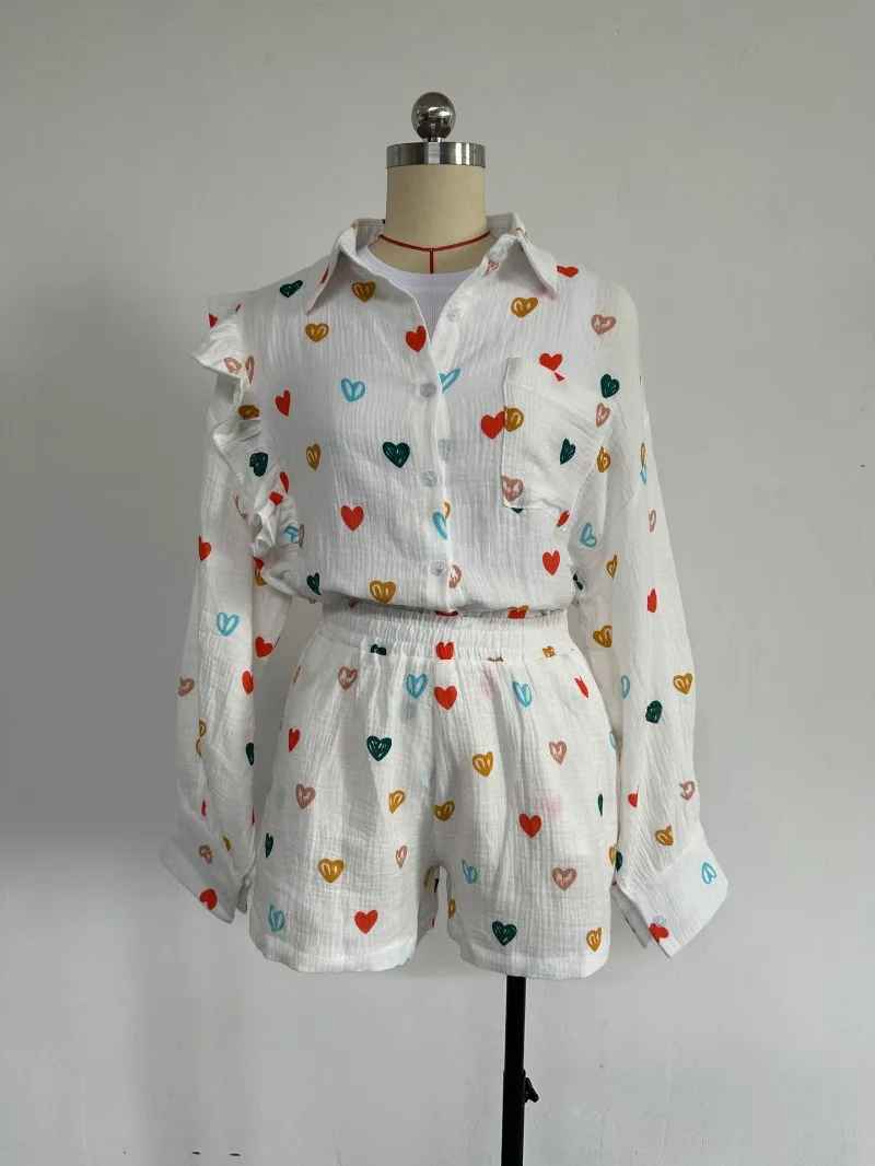 Description Picture 4 of itemSummer Outfits for Women 2023 New Ruffled Love Print Shirt Wide Leg Shorts Casual Two Piece Set for Women Elegant Short Sets