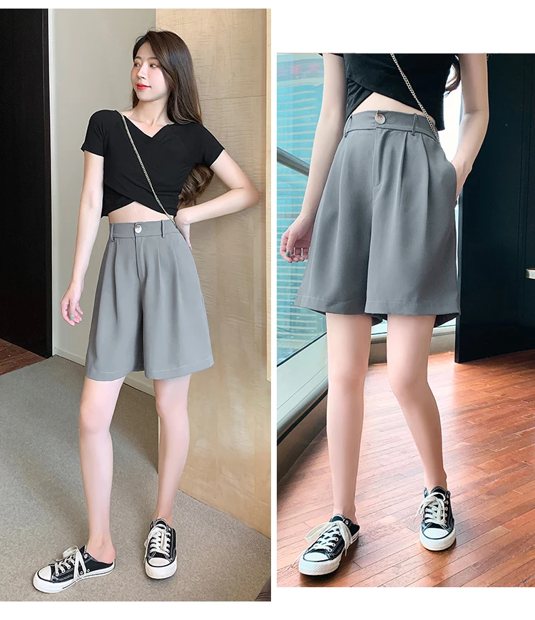 Description Picture 6 of item2023 Suit Shorts Women's Summer Korean Retro Casual Loose Straight Mid-length Pants Drape Feeling Wide Leg Five Quarter Pants