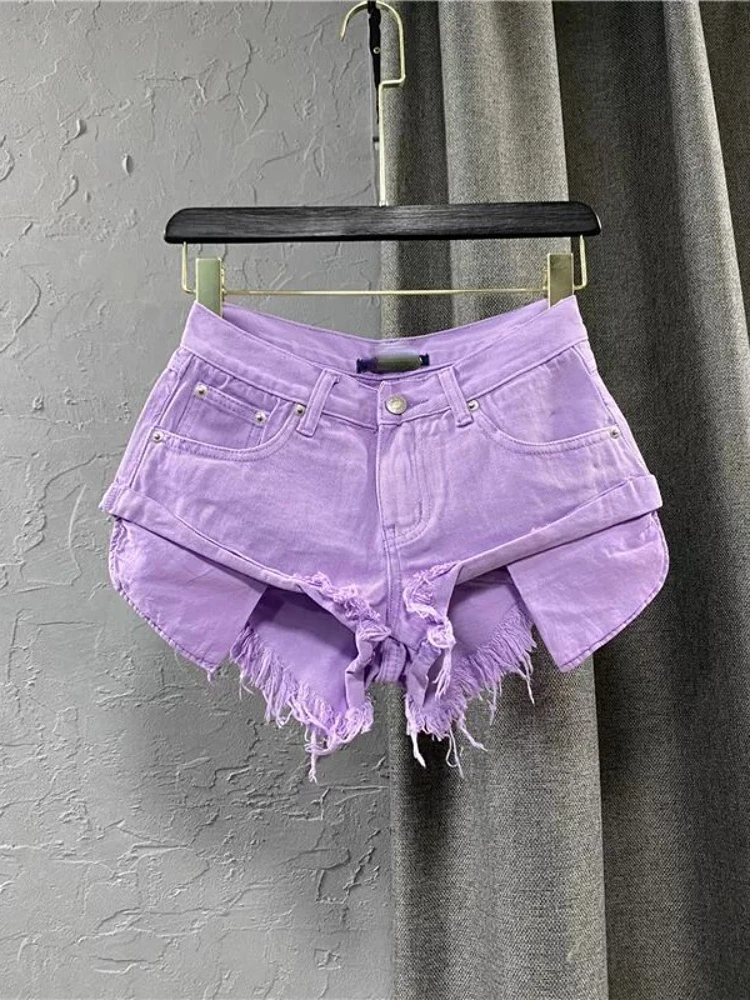 Denim Shorts Women 2023 Summer Fashion Sexy Low Waist Tassel Purple Pocket Loose Wide Leg Hot Pants Short Jeans Pants for Women