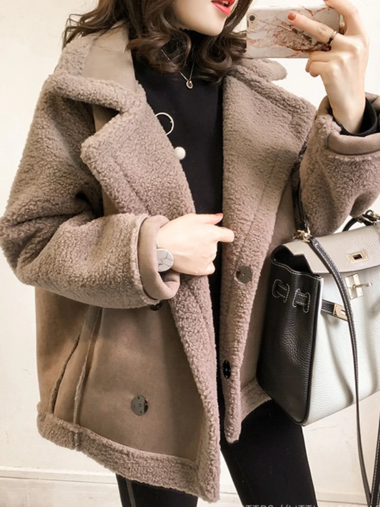 Description Picture 2 of itemWomens Coat Autumn Winter 2023 New Loose Big Lapel Lambswool Covered Button Jacket Fashion Casual Faux Fur Soft Warm Coats Women