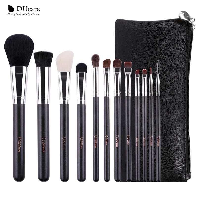 DUcare 12Pcs professional Makeup Brushes set with Leather Bags Nature Hair Make Up Brushes Wooden handle Beauty Cosmetic Brushes