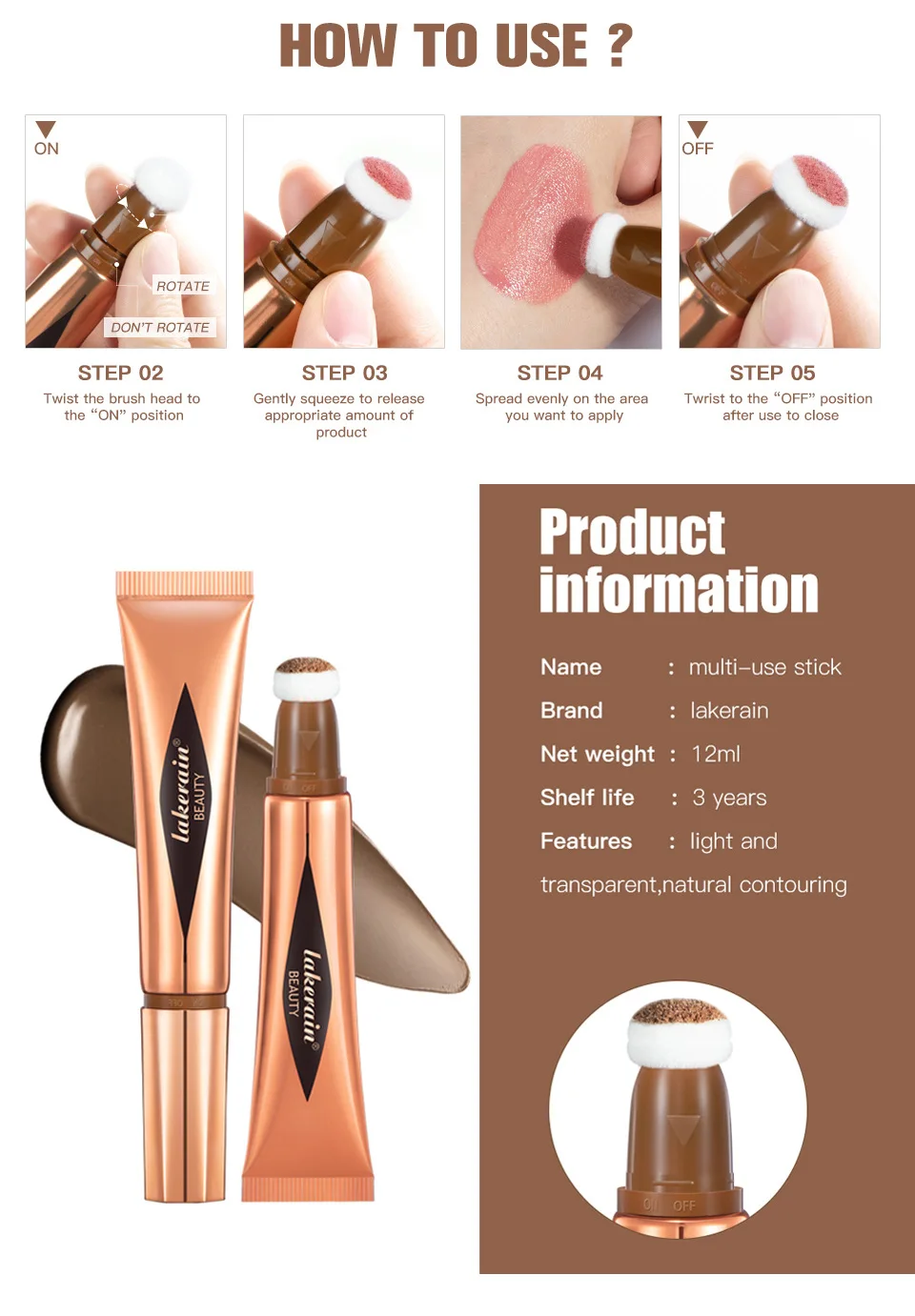 Description Picture 4 of itemCream Bronzer Contour Beauty Wand, Highlighter Contour Blush With Cushion Applicator, Liquid Face Bronzer Makeup Wand Stick