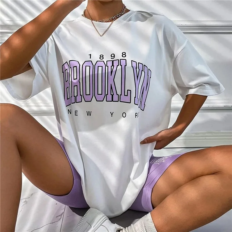 Description Picture 5 of item2023 Summer Women Set 2pcs Casual Suit Harajuku Tshirt+Shorts Brooklyn Letter Print Short Sleeve Tee Tops Sports Suit Outfits
