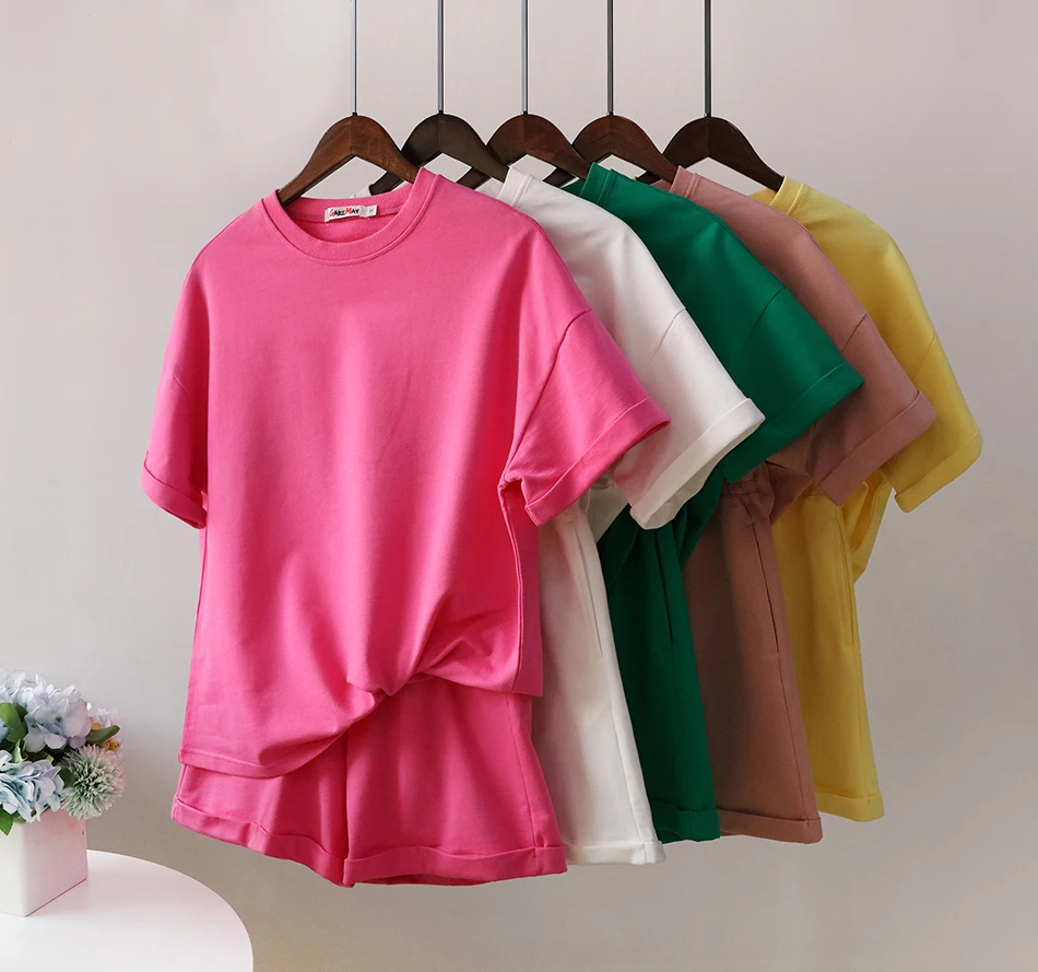 Description Picture 2 of itemGreen Suit Shorts with T-shirt for Women and Top Loose Oversize 100% Cotton Summer Two Piece Set Women Classic Tracksuit Casual