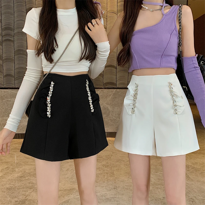 Description Picture 4 of item2023 Suit Shorts Women's Spring Summer Autumn Diamond-encrusted High-waisted Design Sense Niche A-line Thin Wide-leg Pants