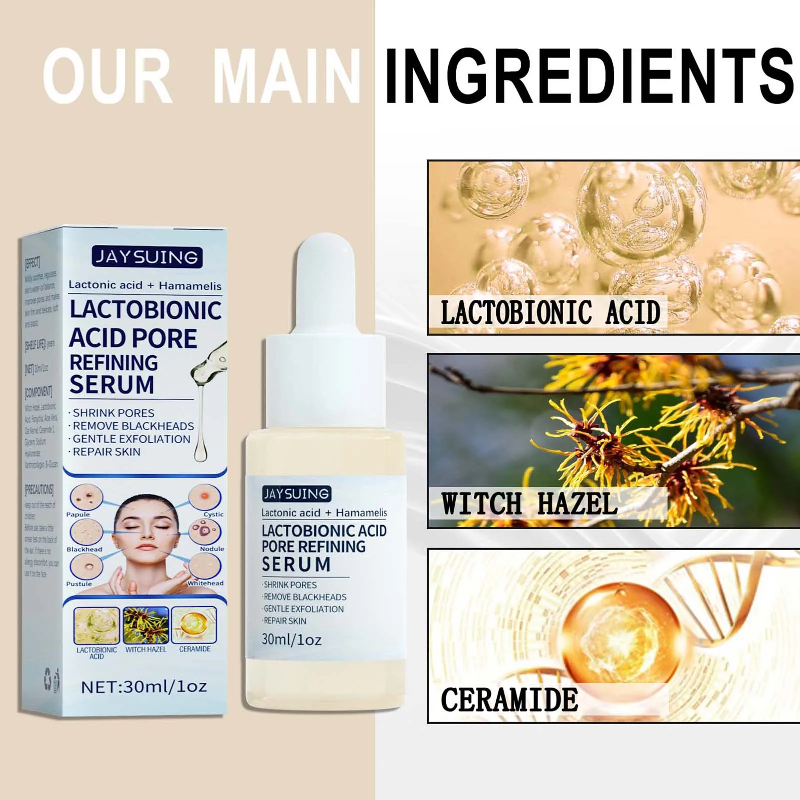 Description Picture 6 of itemLactobionic Acid Shrink Pore Essence Hyaluronic Acid Firming Brighten Moisturizing Nourish Essence Pore Shrink Face Serum 30ml