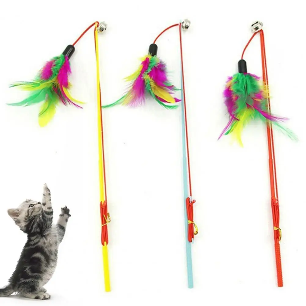 Cat Toys Interactive Funny Multicolor Color Feather Bells Cat Stick Pet Replacement Head Retractable Cat Stick Teaser Exercise
