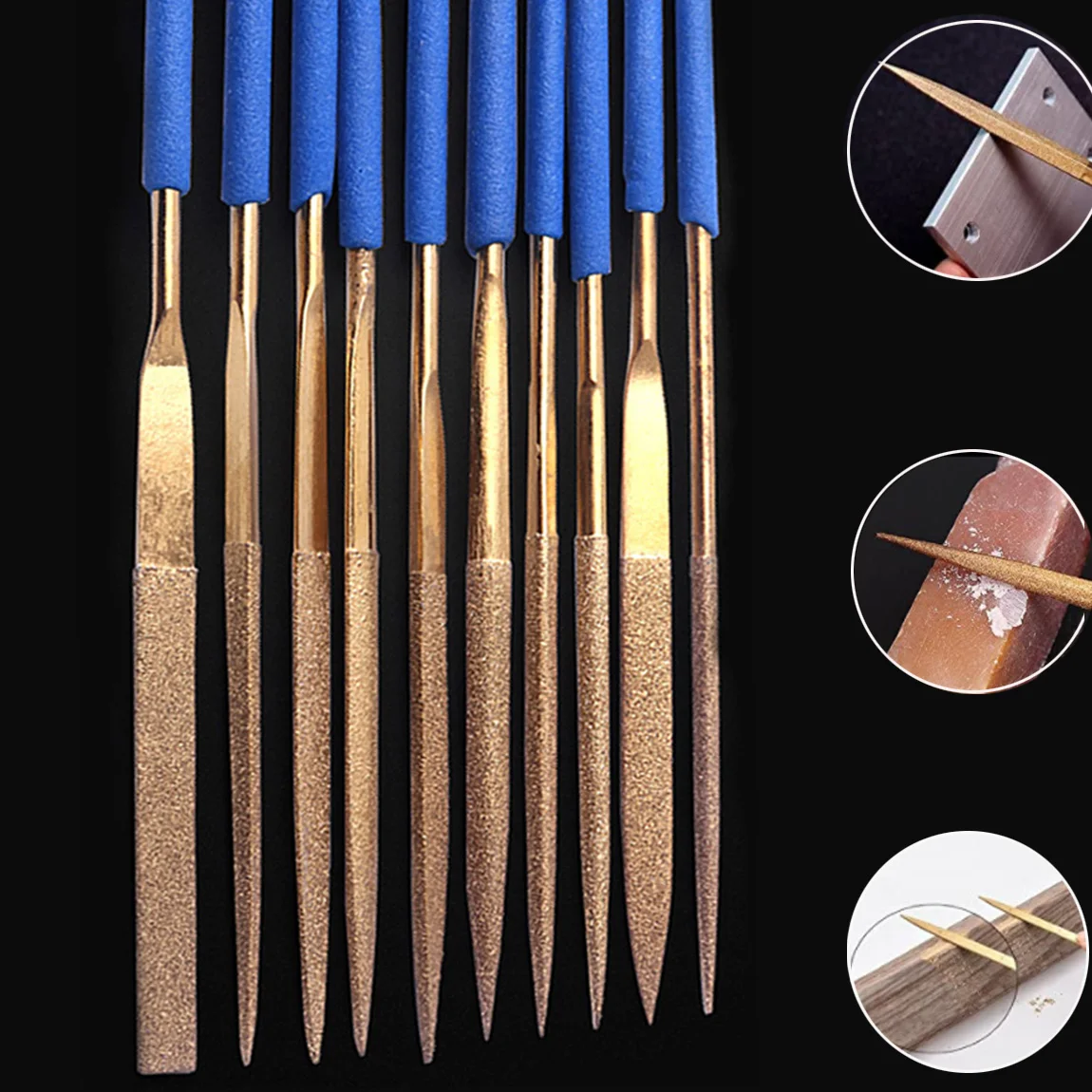 Description Picture 4 of item10pcs Diamond Needle Files Set 3x140mm Variety Shapes Titanium Coated Diamond Needle Files for Ceramics Metal Glass Deburring