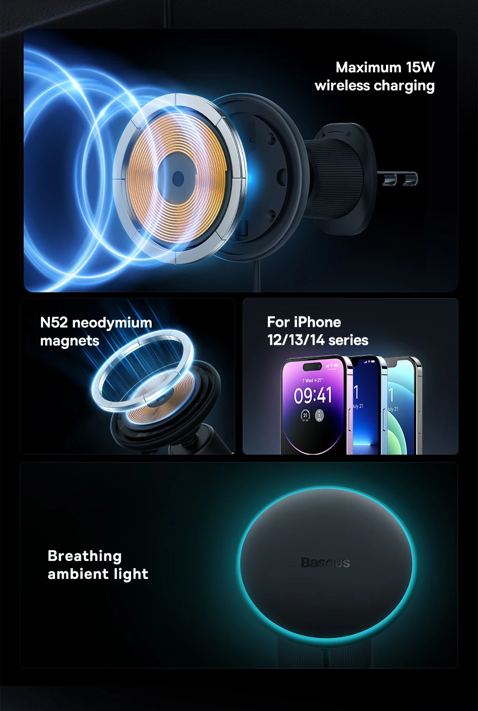 Description Picture 3 of itemBaseus 15W Fast Charging Car Charger Holder Magnetic Car Phone Holder Wireless Charger For iPhone 15 14 13 Pro Max Light Effect