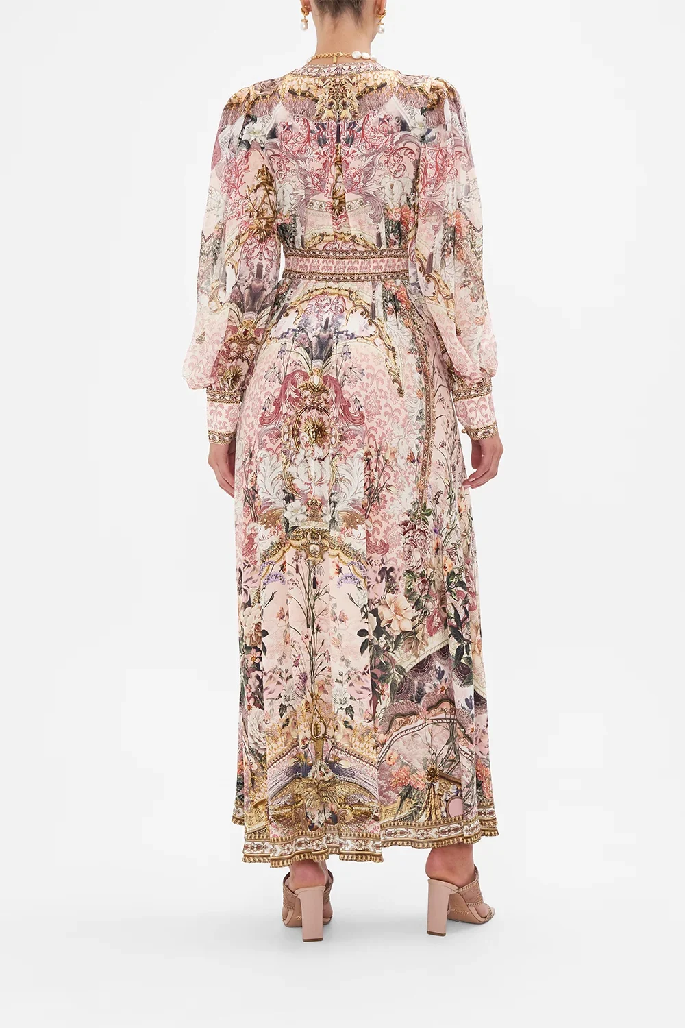 Description Picture 4 of item2023 Autumn/Winter New Vintage Pink Flower Pattern Silk Print Gold Button Deep V-Neck Lantern Sleeve Long Dress woman maxi skirt
