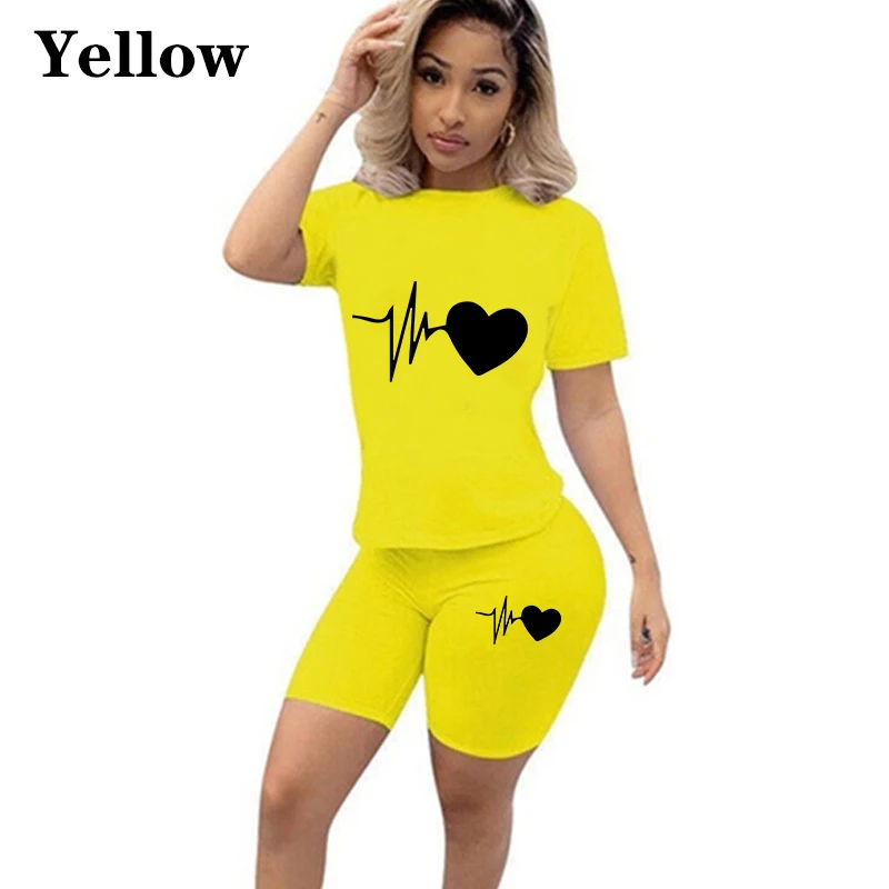 Summer New Women Fashion Solid Color Print 2 Piece Sets Casual Sports Suit Short Sleeve T-shirt + Shorts S-3XL