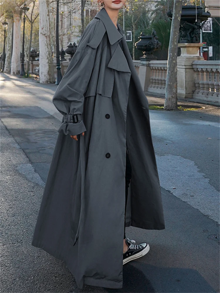 Description Picture 4 of itemAotvotee Long Trench Coat for Women Autumn Winter 2023 Fashion Long Sleeve Turn Down Collar Coats Vintage Loose Lace Up Jackets