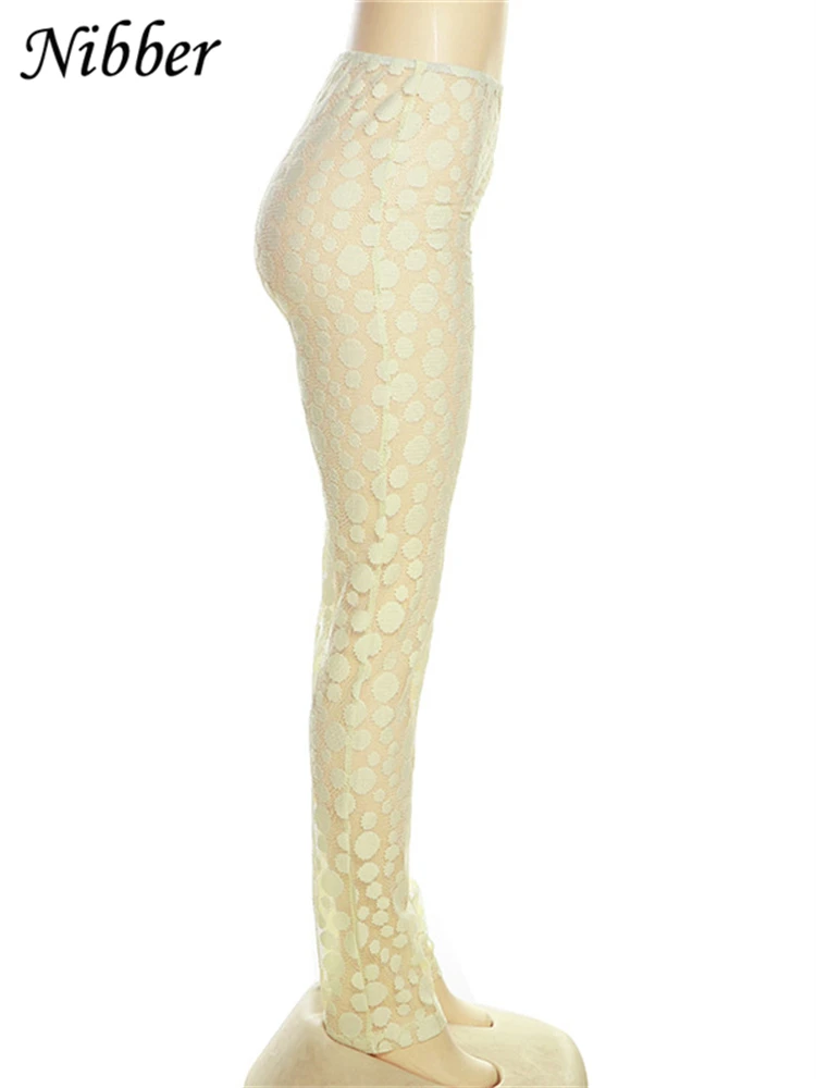 Description Picture 4 of itemNibber Embroidered Mesh Dots Leggings Women See Through Mid-waist Stretch Pants Skinny Ladies Trousers Elastic Streetwear Bottom