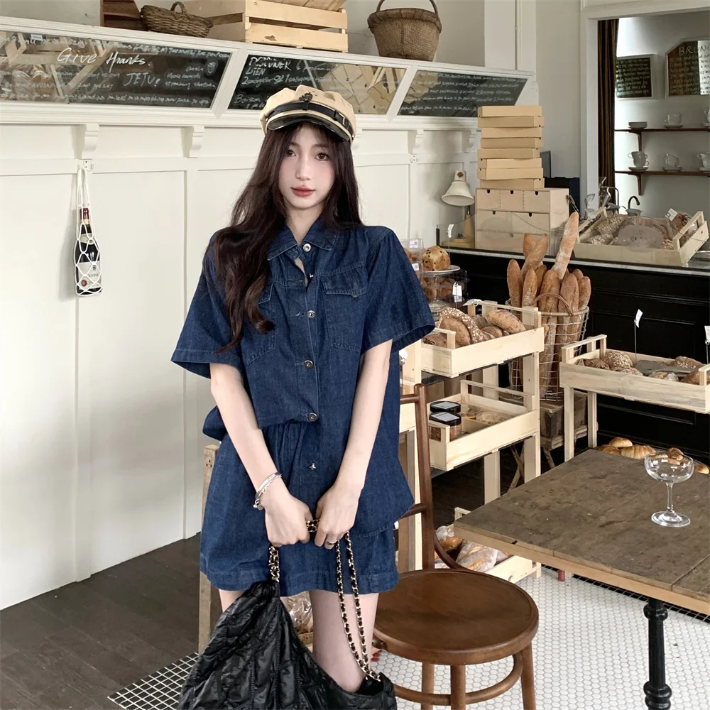 Description Picture 5 of itemSummer Women's Two-Pieces Sets Loose Thin Single Breasted Denim Shirt Coat Elastic High Waist Casual Solid Color Simple Shorts